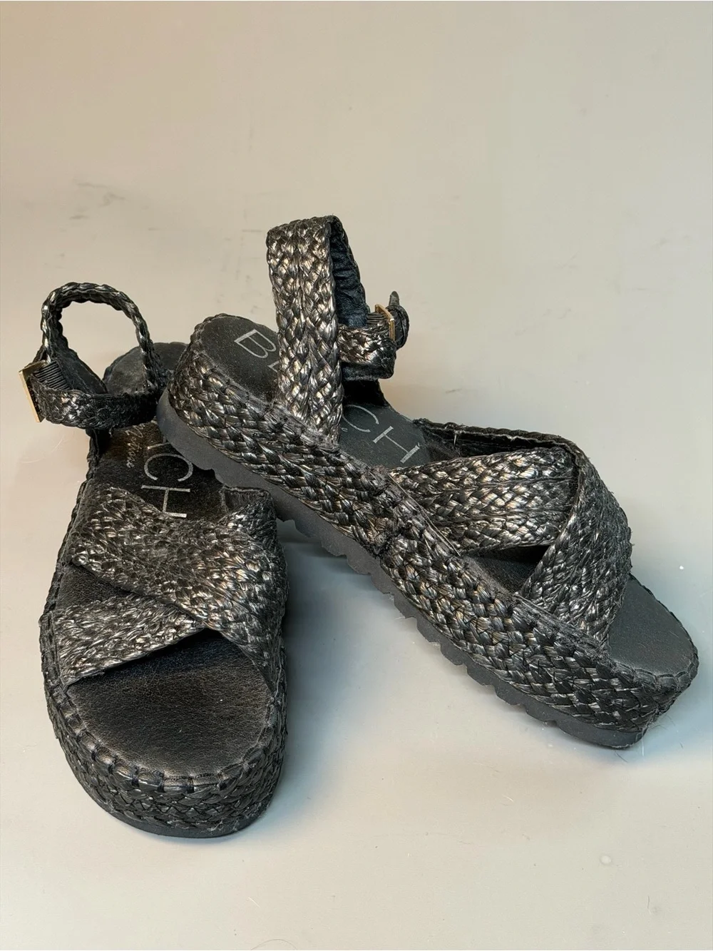 Black Braided Platform Sandals with Ankle Strap